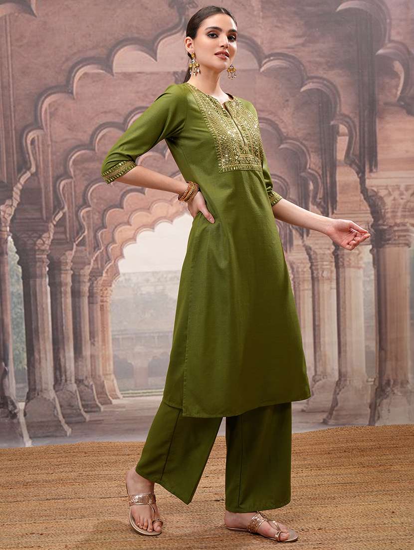 women self design olive kurta palazzo set set - 22462195 -  Standard Image - 3