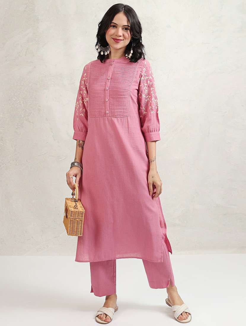 women self design pink kurta pant set