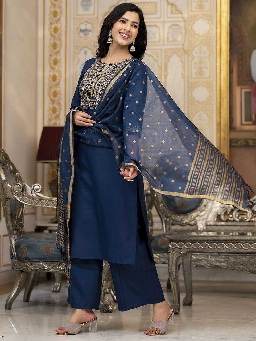 women solids teal kurta palazzo set set - 22462198 -  Standard Image - 3