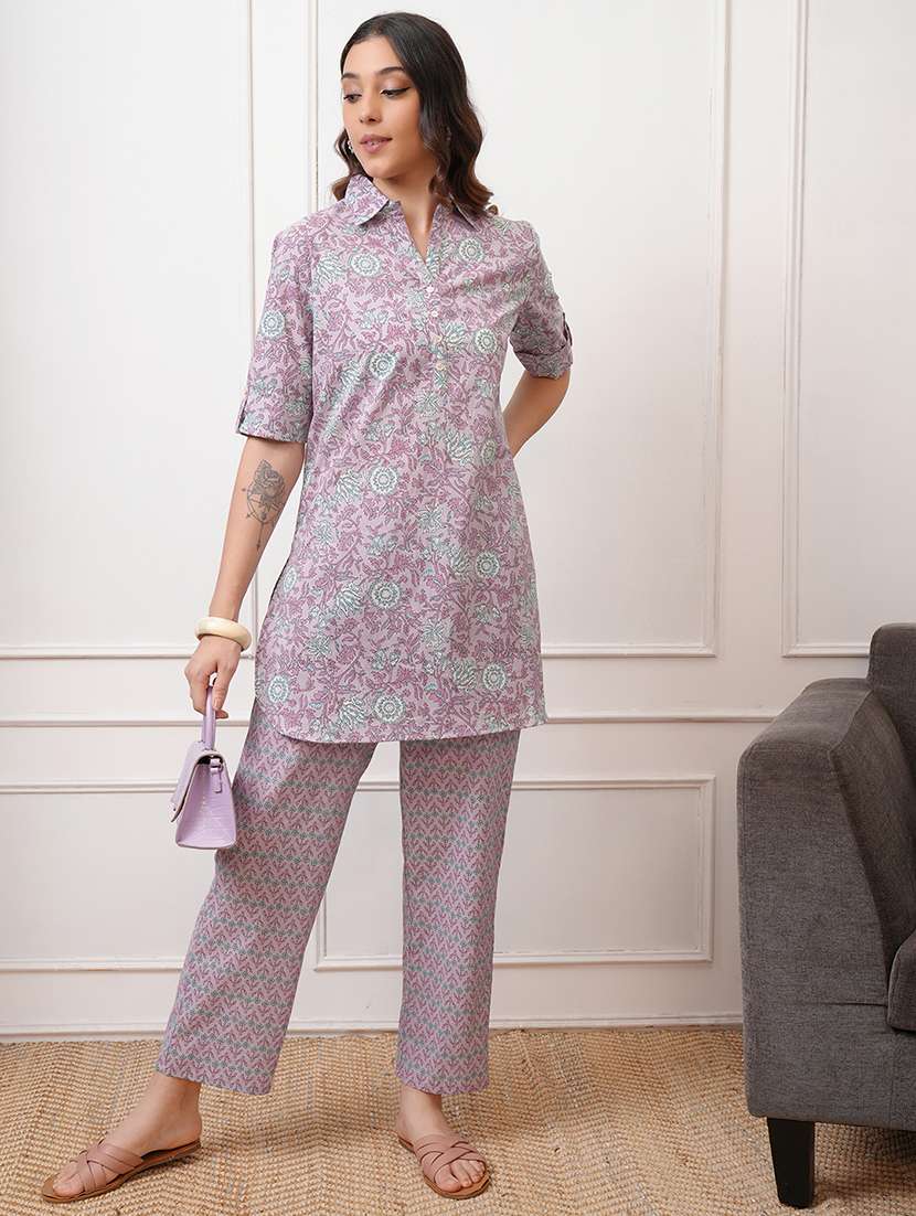 women printed cotton top and trouser set
