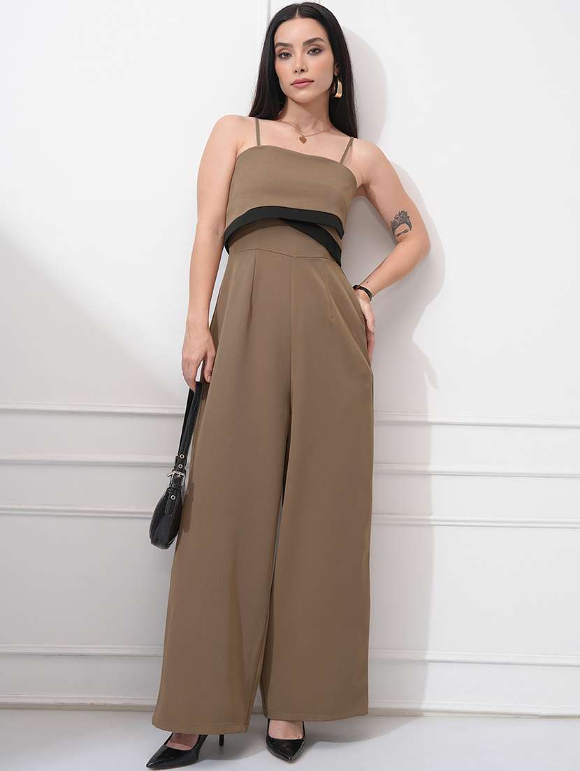women brown solid shoulder strap jumpsuit