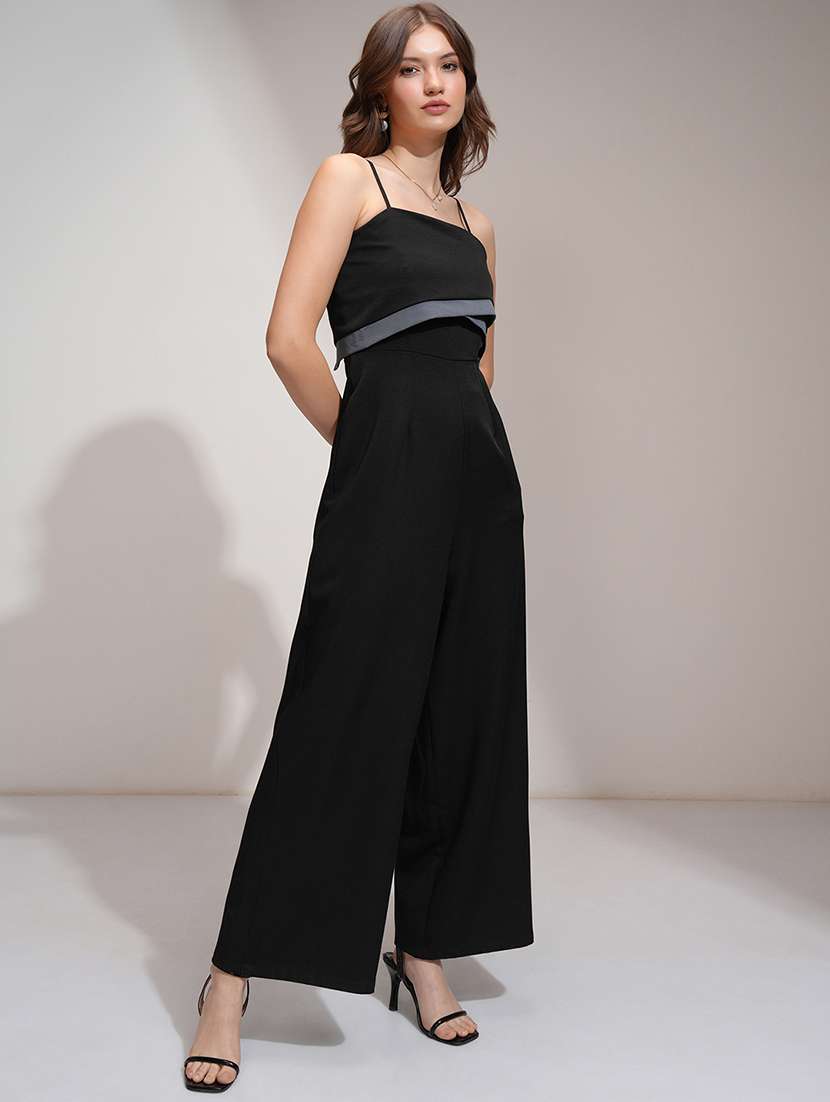women black solid shoulder strap jumpsuit - 22462224 -  Standard Image - 3