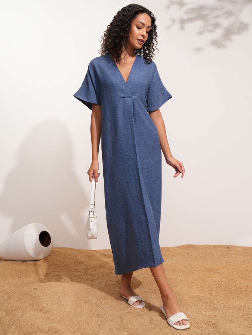 women solid blue polyester kaftan midi dress