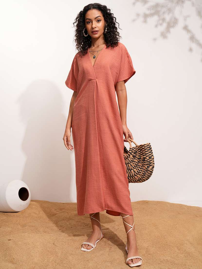 women solid rust polyester kaftan casual dress