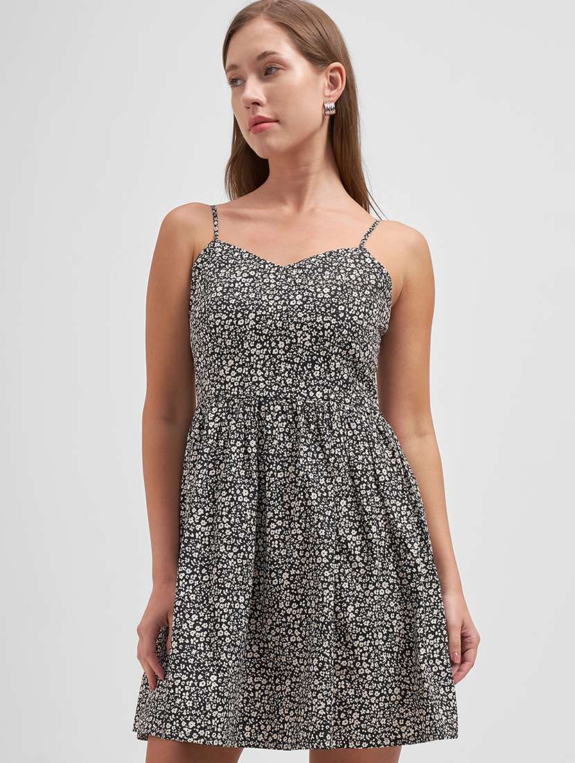 women printed a-line shoulder strap casual dress