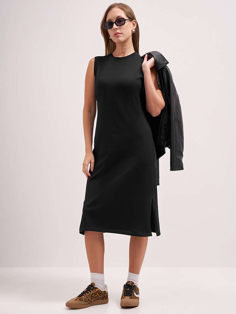women black cotton blend a-line midi dress