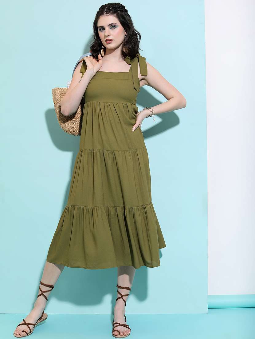 women tiered dress green shoulder strap midi