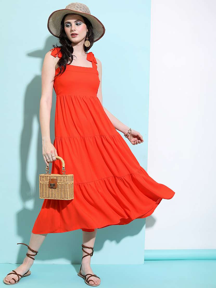 women tiered dress shoulder strap midi party wear