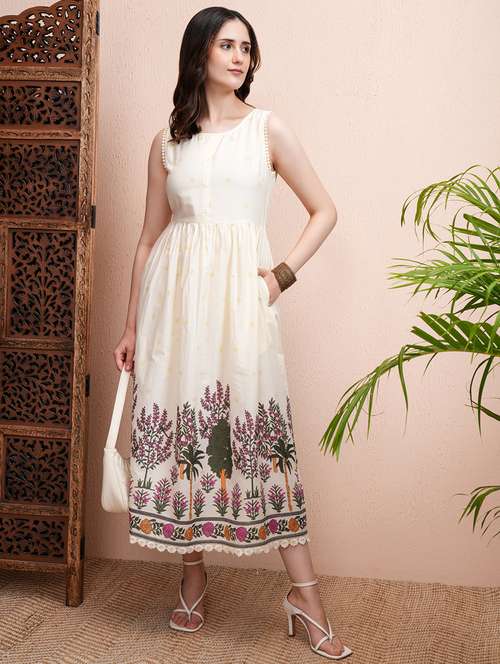 Women Cream Cotton Printed A Line Midi Dress