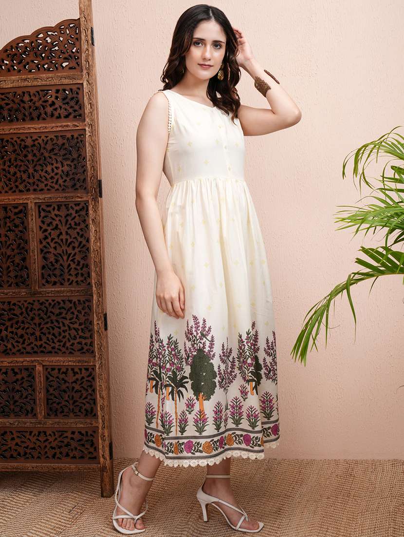 women cream cotton printed a-line midi dress - 22462263 -  Standard Image - 3