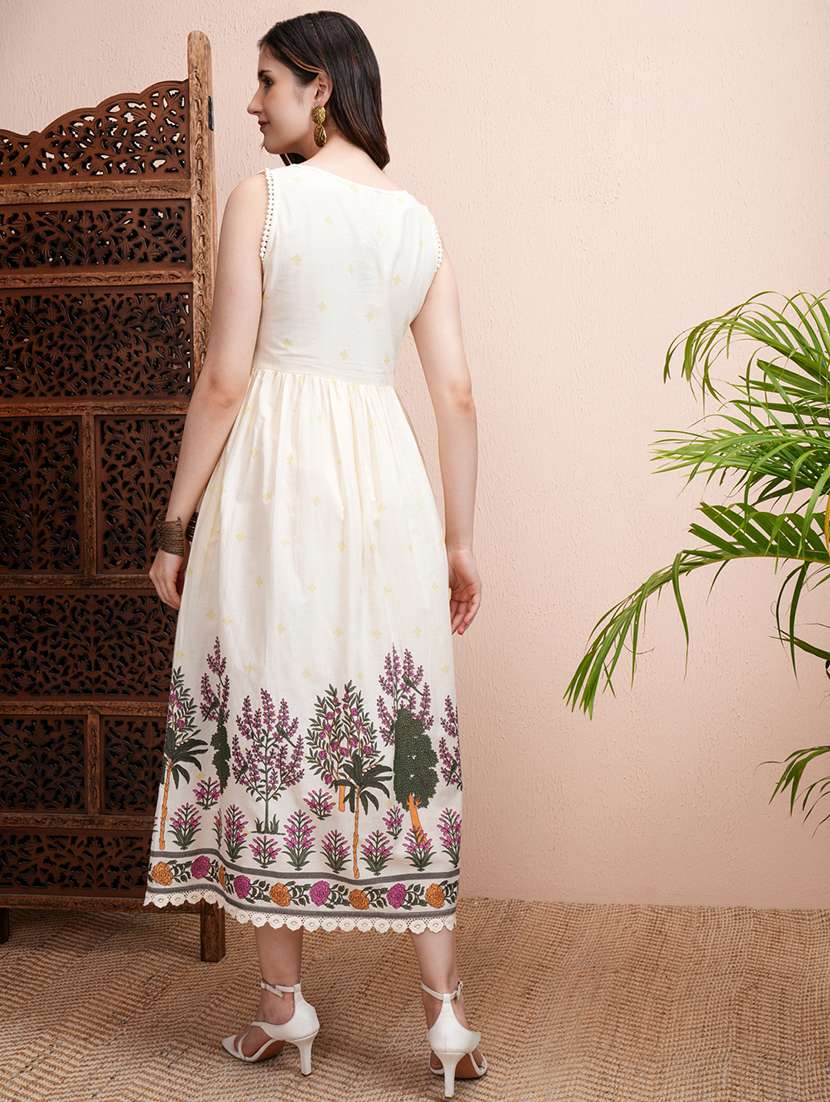 women cream cotton printed a-line midi dress - 22462263 -  Standard Image - 5