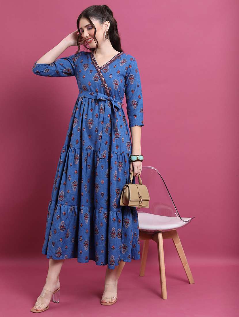 women blue polyester a-line dress