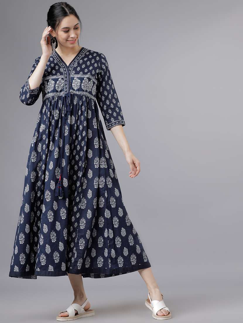 women navy blue cotton a-line dress