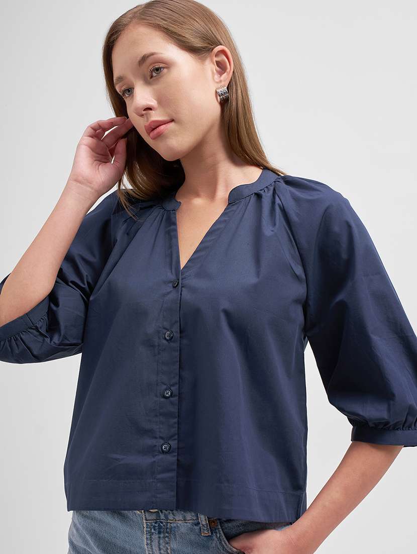 women solid  navy blue cotton regular top