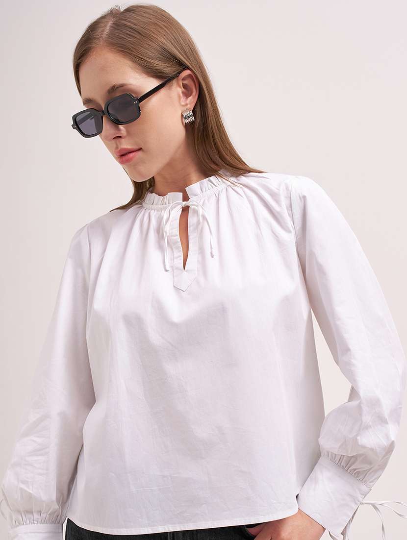 women solid  white cotton regular top