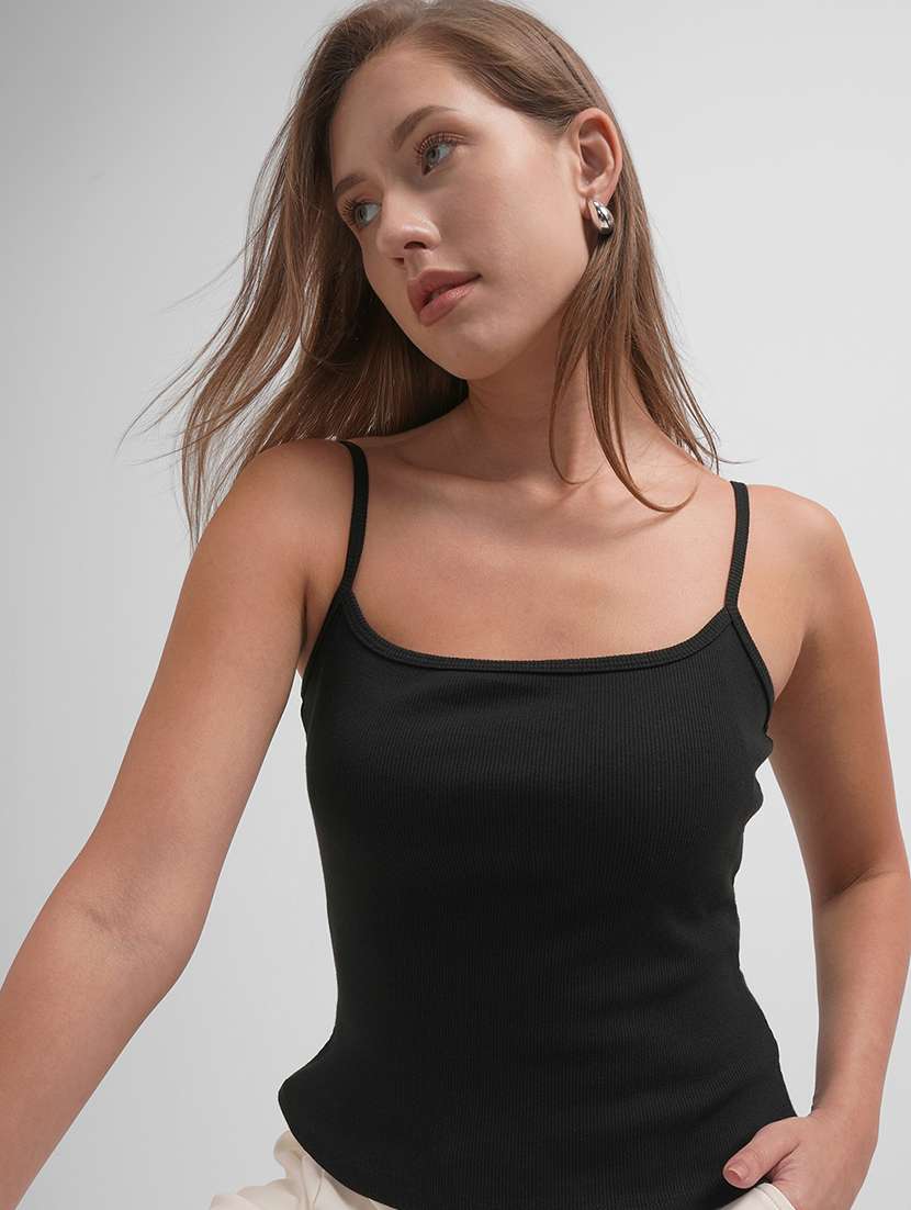  women solid black cotton regular top