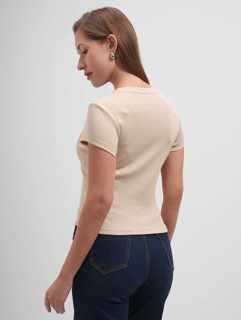 women solid  beige round top shorts sleeves - 22462300 -  Standard Image - 3