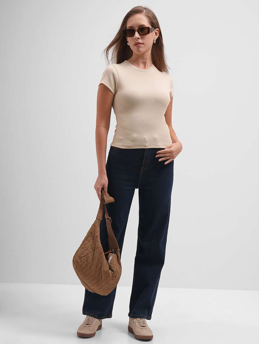 women solid  beige round top shorts sleeves - 22462300 -  Standard Image - 5