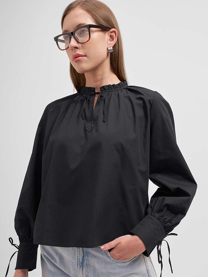 women solid  black cotton regular top