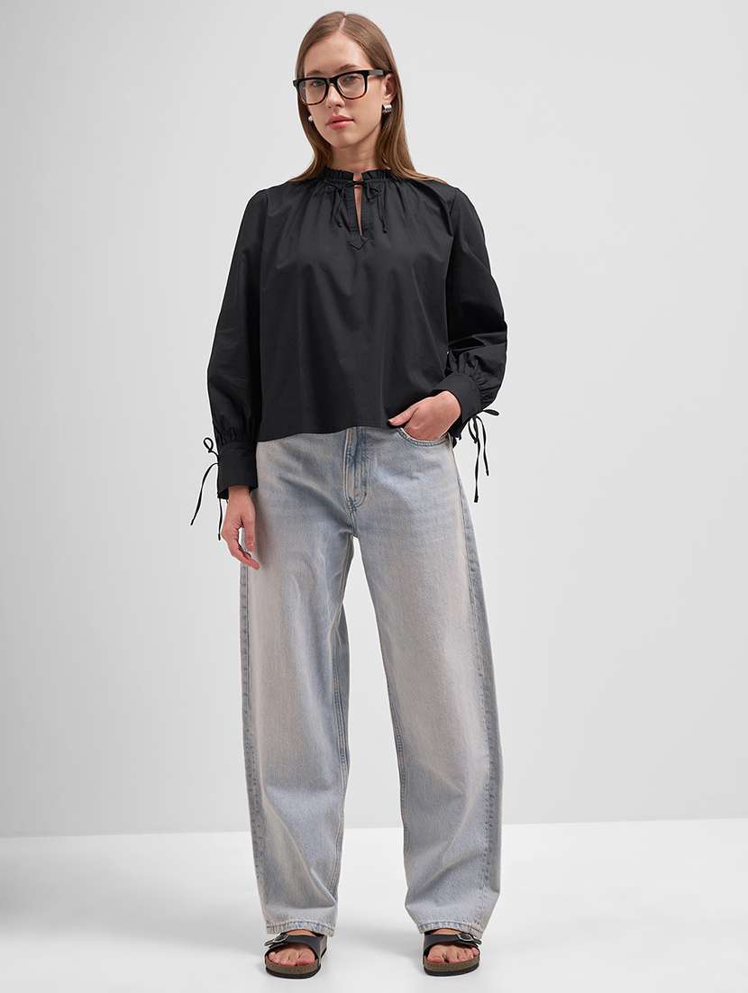 women solid  black cotton regular top - 22462302 -  Standard Image - 5