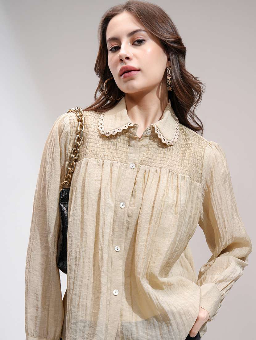 women solid  khaki rayon regular top