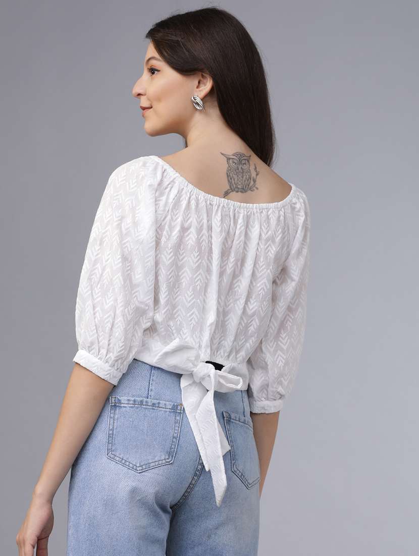 women solid  off white cotton blend regular top - 22462322 -  Standard Image - 3