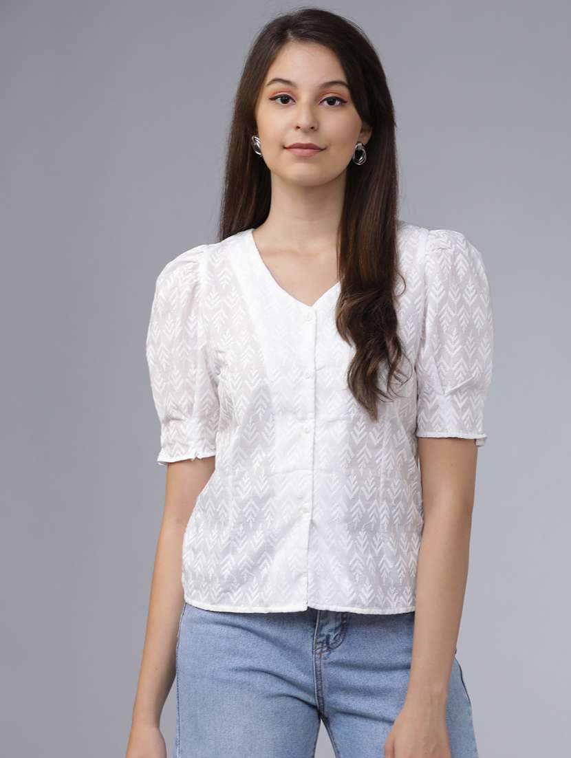 women solid  off white cotton blend regular top