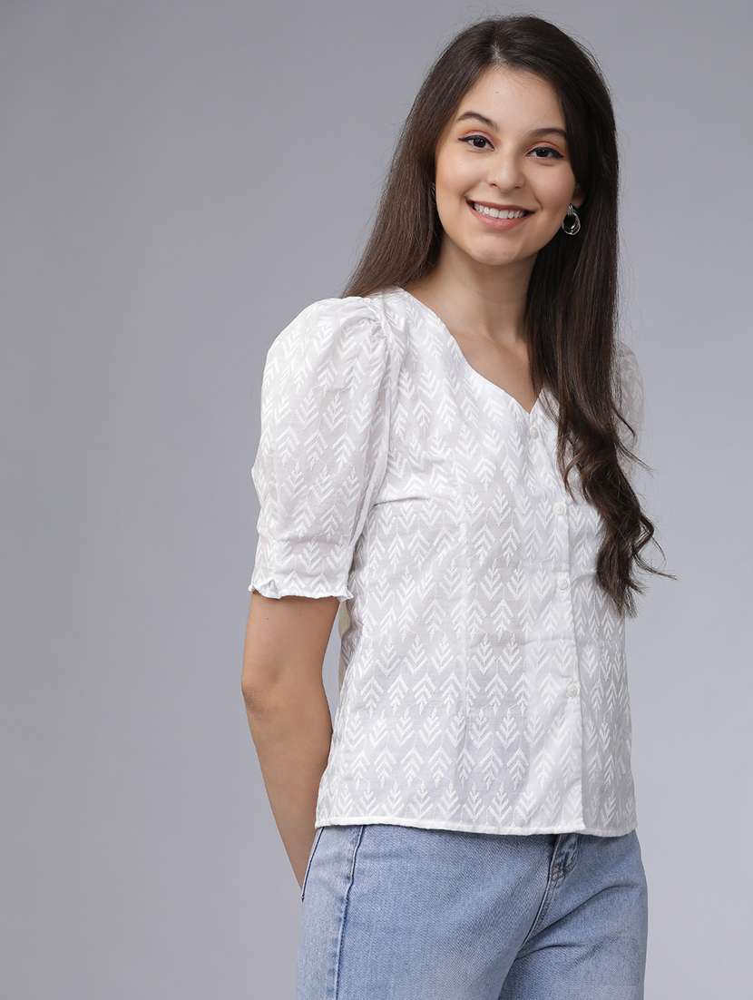 women solid  off white cotton blend regular top - 22462323 -  Standard Image - 3