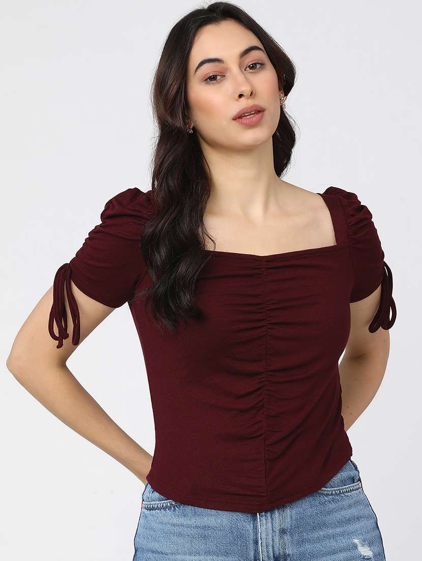 women solid  blue rayon regular top