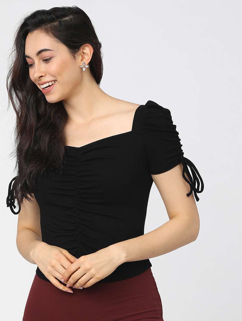 women solid black rayon regular top