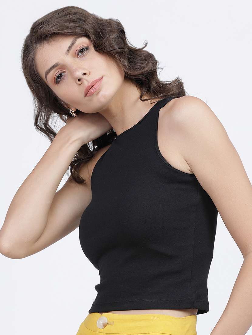 women solid  black cotton blend regular top - 22462327 -  Standard Image - 3