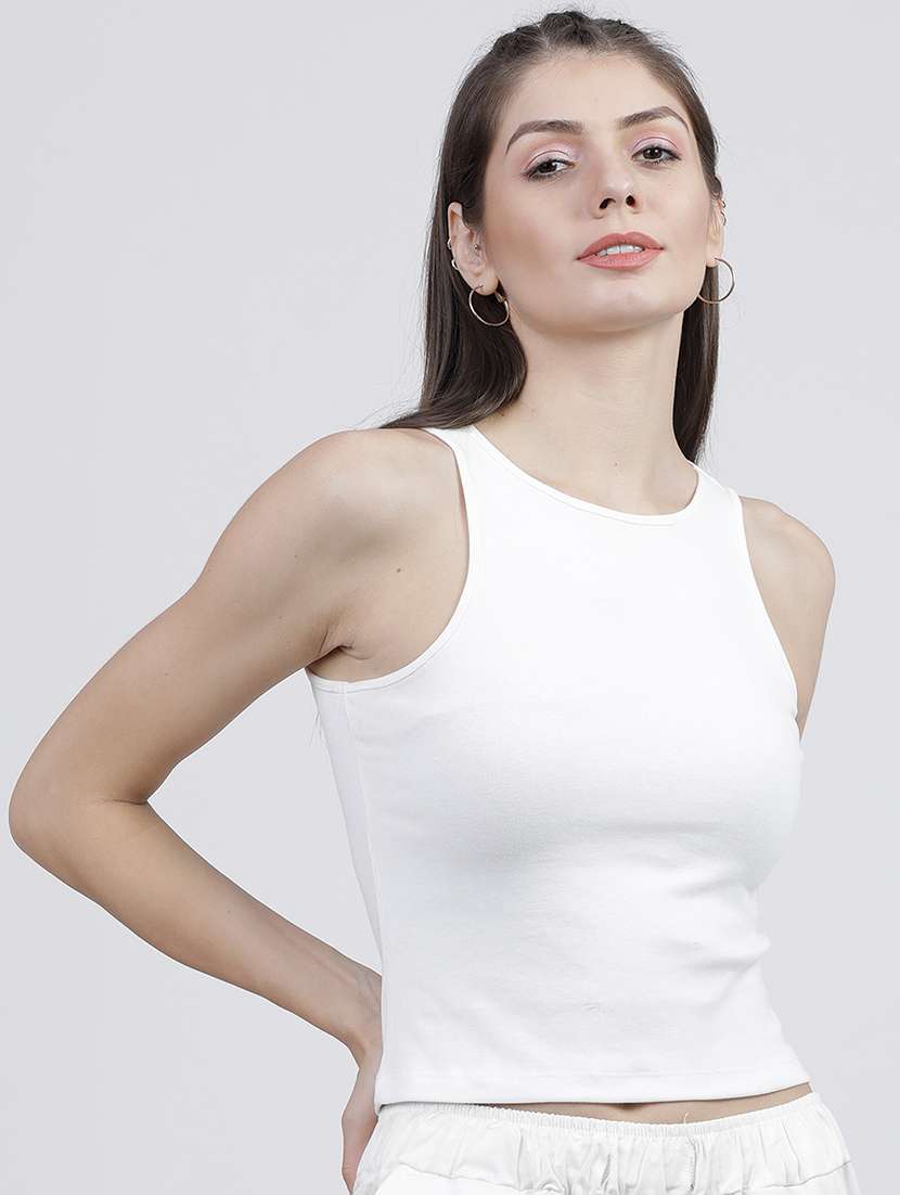 women solid white cotton blend regular top