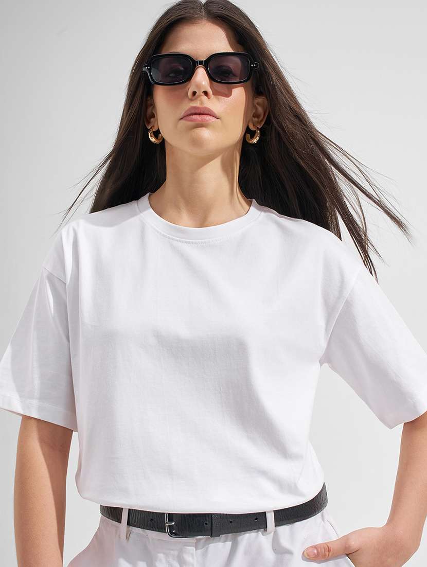 women solid  white cotton regular top