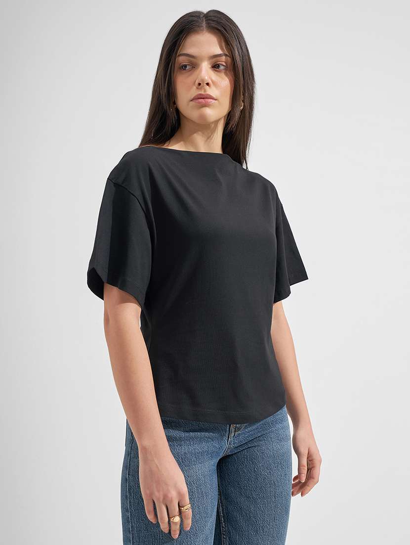 women solid black cotton regular top