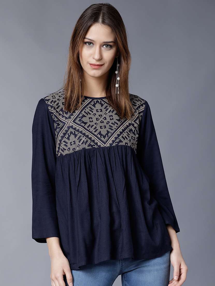 women solid  navy blue rayon regular top