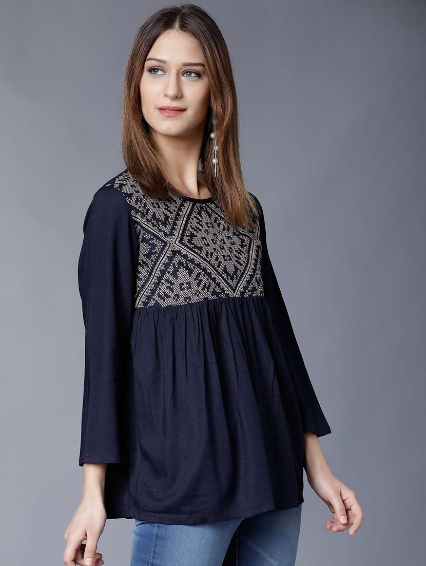 women solid  navy blue rayon regular top - 22462337 -  Standard Image - 3