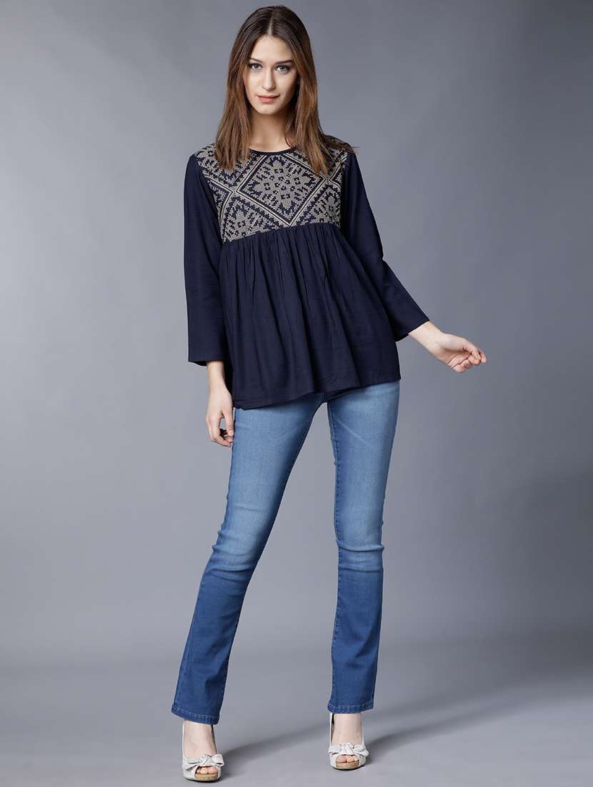 women solid  navy blue rayon regular top - 22462337 -  Standard Image - 5