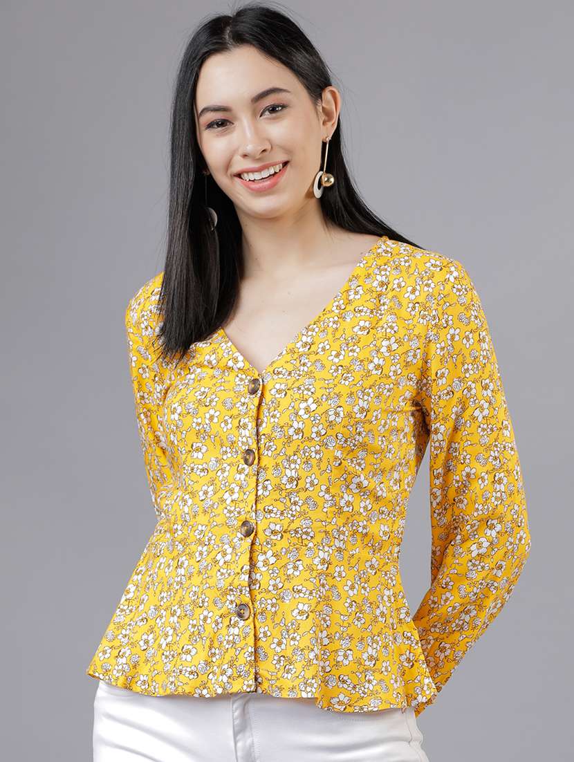 women printed yellow rayon regular top