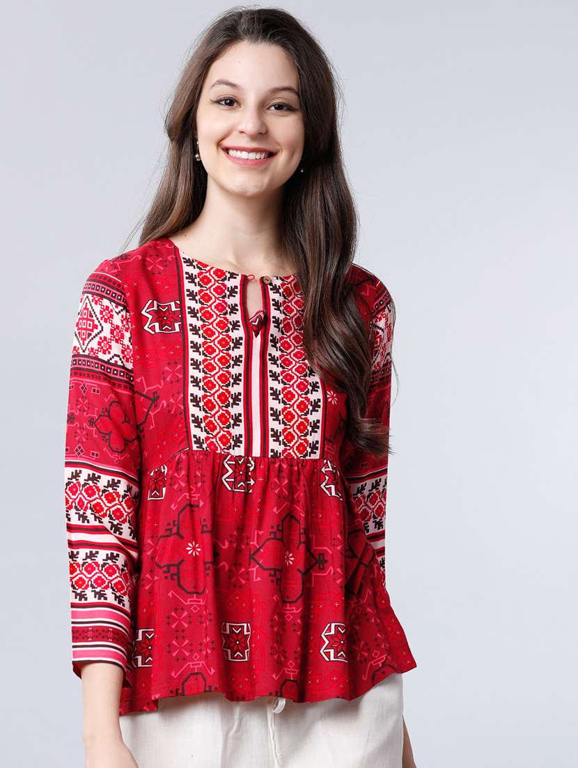 women printed red rayon regular top