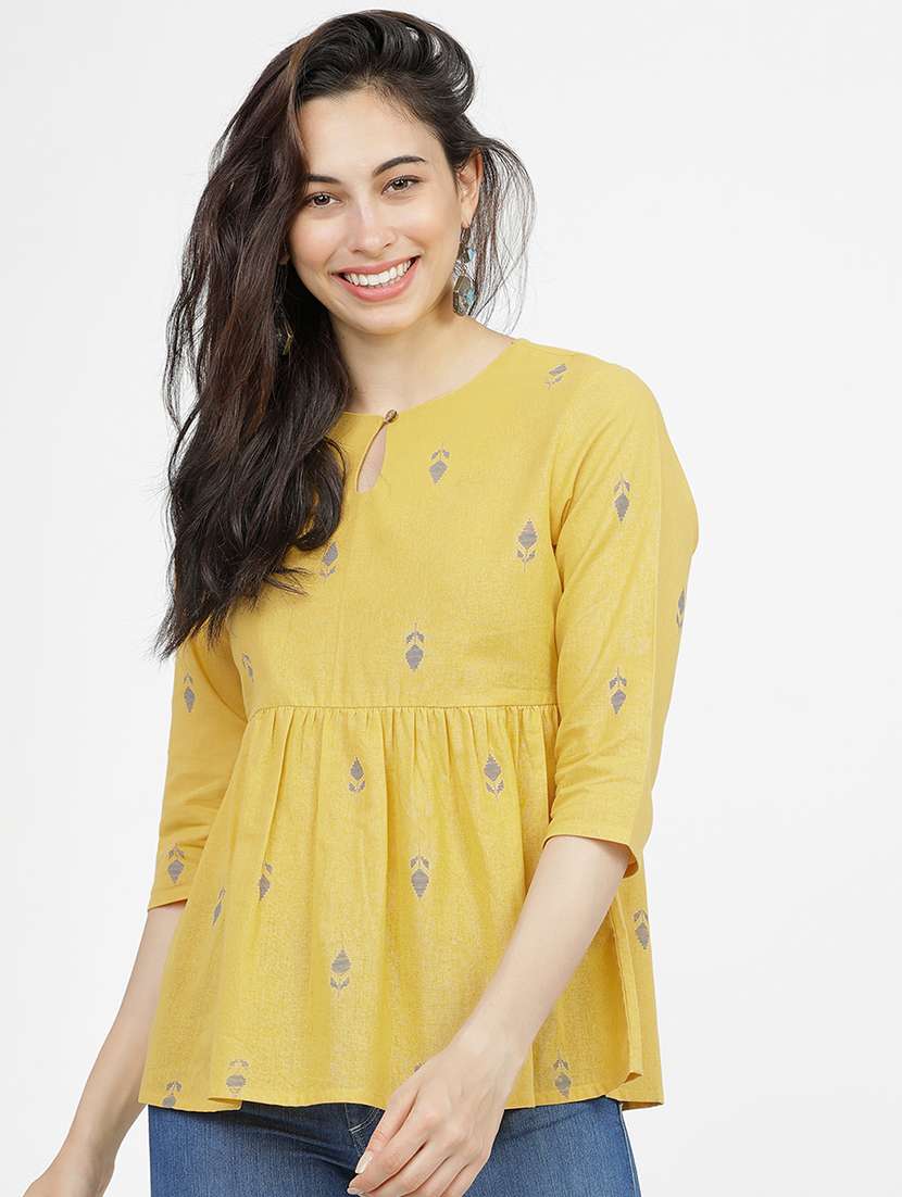 women printed mustard cotton regular top
