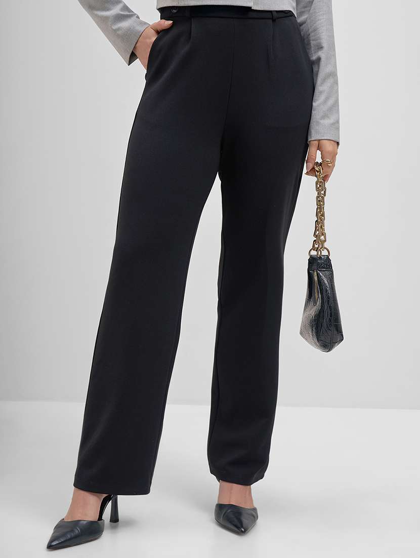 women solid mid rise straight trouser