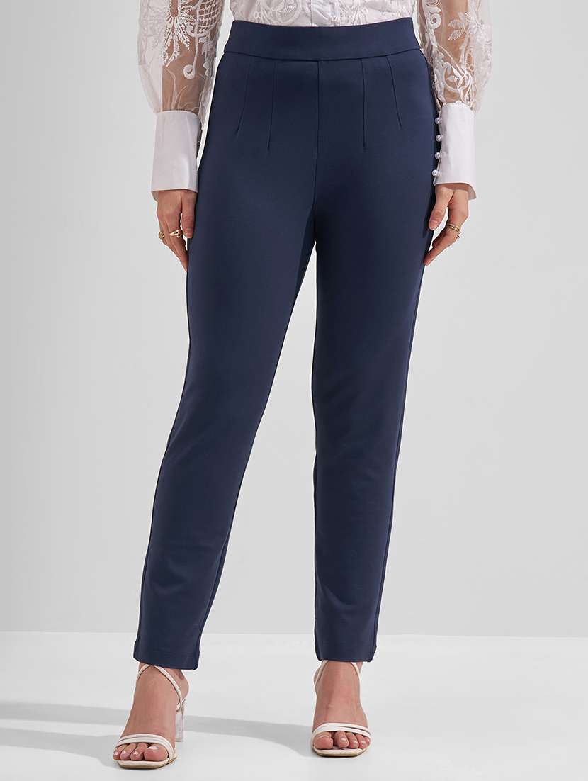 women navy blue rayon straight trouser