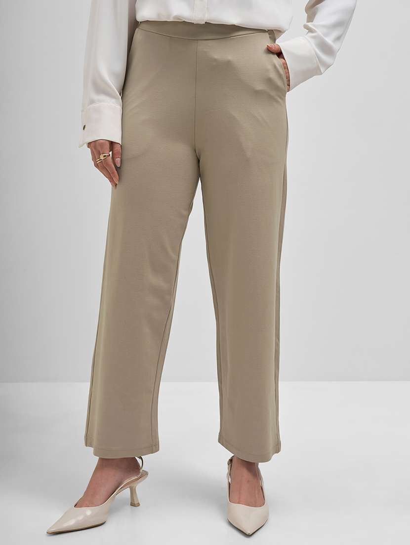women beige rayon wide leg trouser