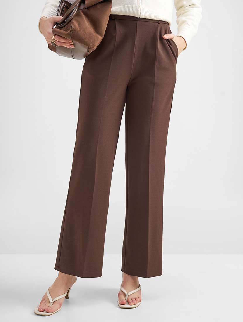 women brown polyester wide leg trouser