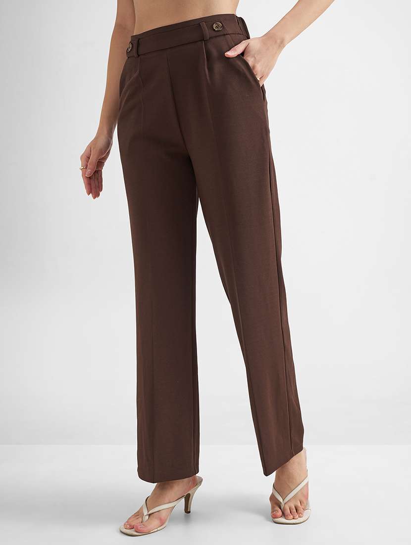 women brown polyester wide leg trouser - 22462366 -  Standard Image - 3