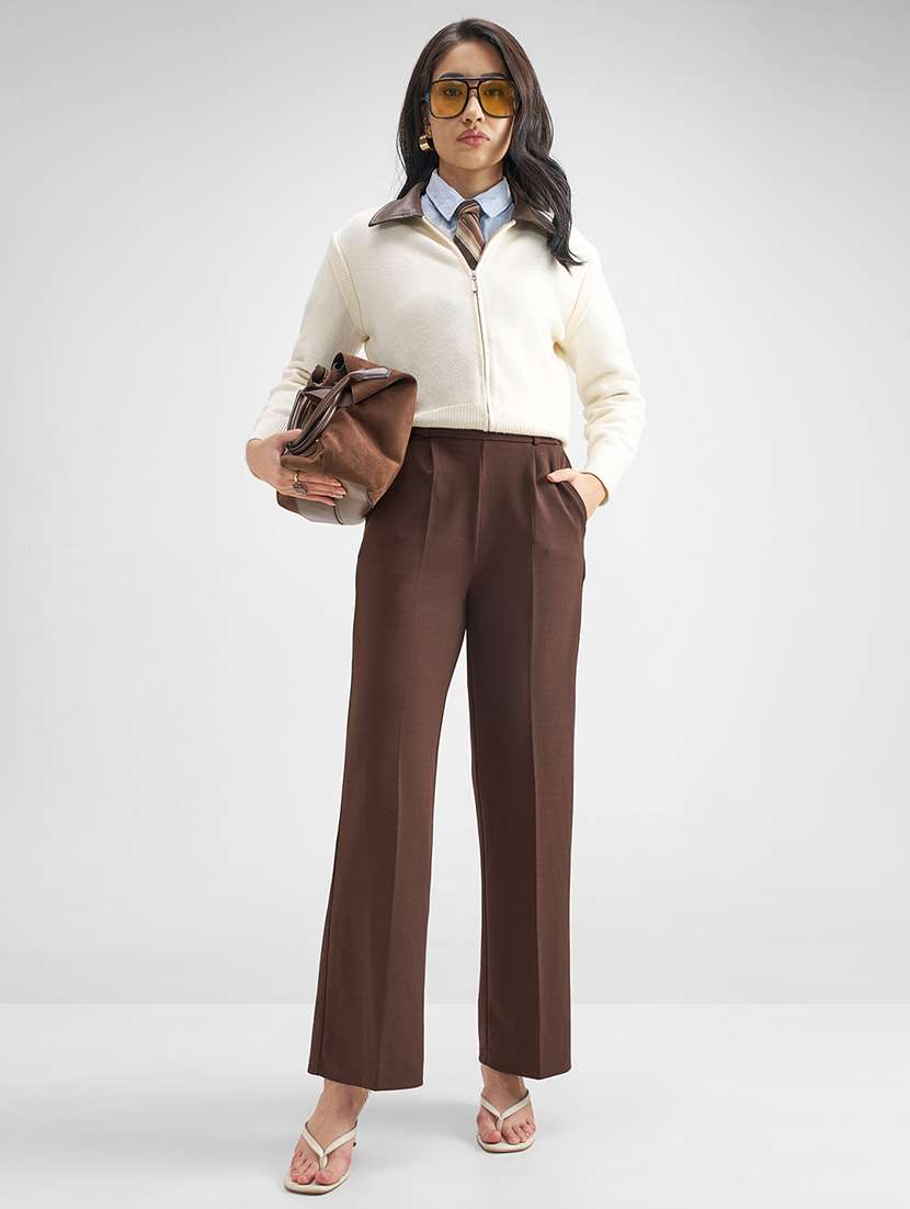 women brown polyester wide leg trouser - 22462366 -  Standard Image - 5