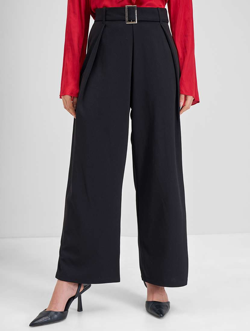 women black polyester wide leg trouser