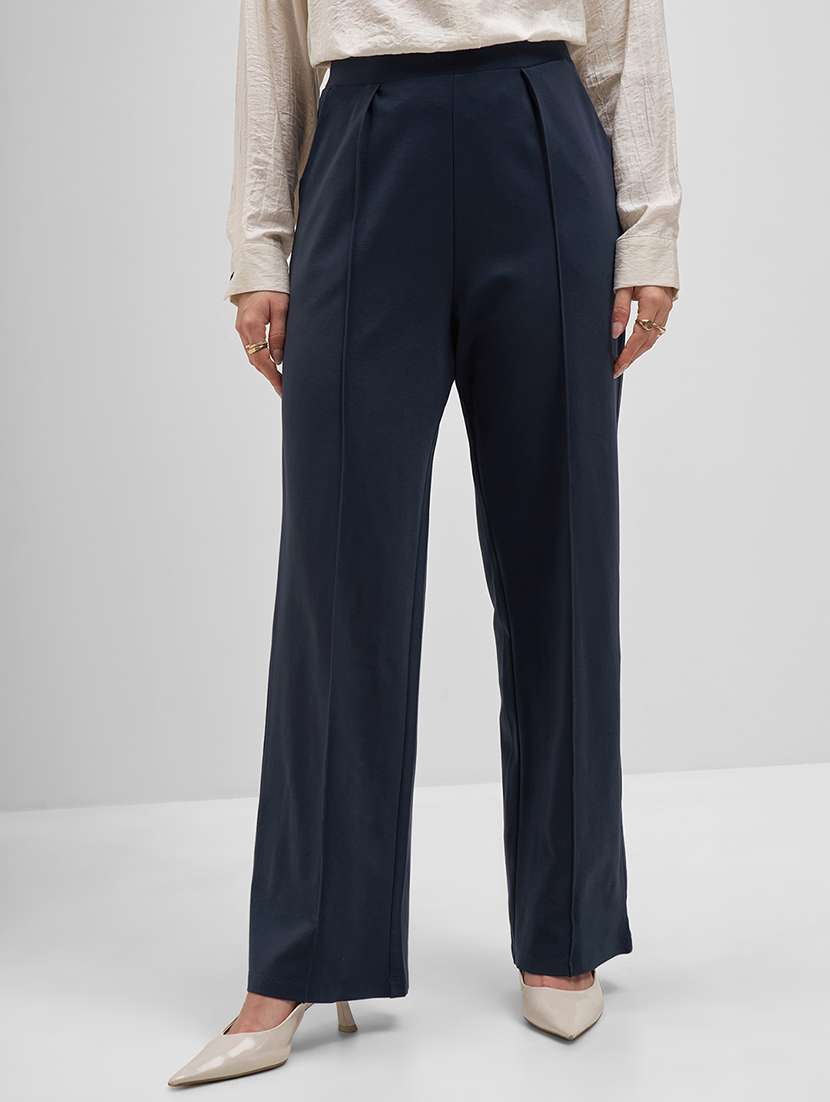 women navy blue cotton straight trouser