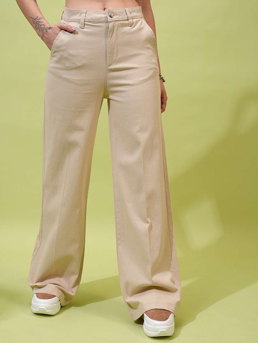 women beige cotton straight trouser
