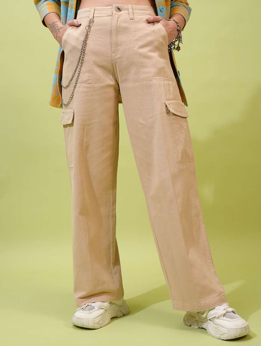 women khaki cotton straight cargos